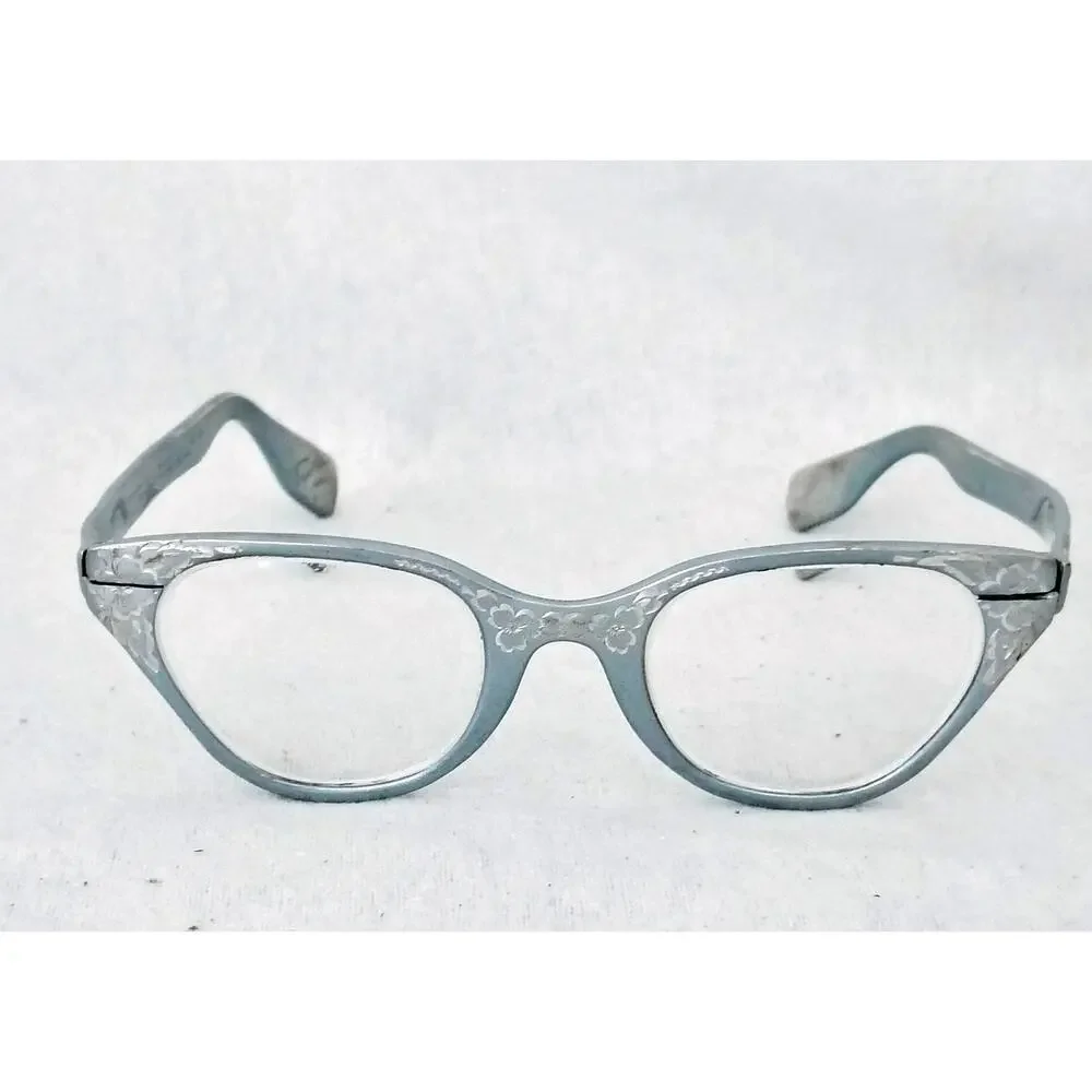 Tura Light Powder Blue Floral Eyeglass Frames Cat Eye Aluminum Vintage Retro MCM